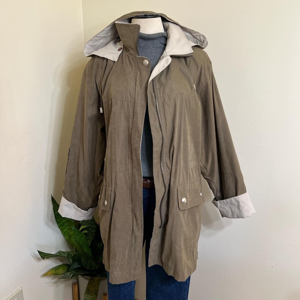 CS Signature Olive Green Hooded Utility Parka Jacket Small Drawstring Waist